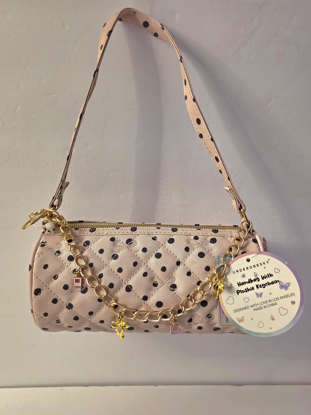 NWT Under One Sky Pink Quilted Polka Dot Bows Shoulder Bag w/ Charm Chainsz 9" L